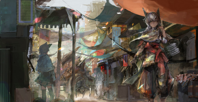 Обои картинки фото аниме, pixiv fantasia, рынок, девушка, relax, pixiv, fantasia