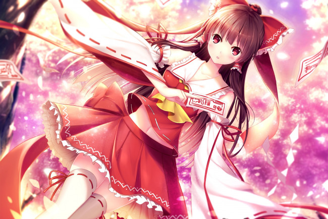 Обои картинки фото аниме, touhou, платье, печать, девушка, kaho, okashii, hakurei, reimu