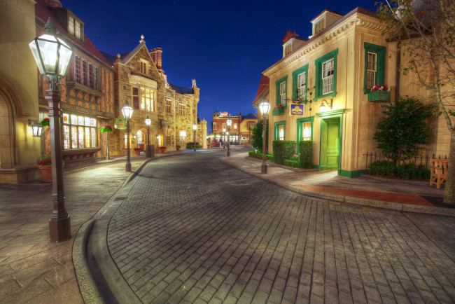 Обои картинки фото города, диснейленд, ночь, парки, сша, улица, фонари, дома