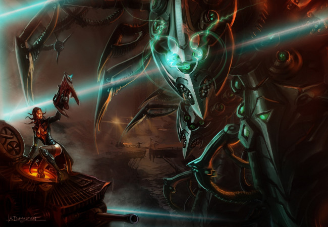 Обои картинки фото фэнтези, роботы,  киборги,  механизмы, гигантский, робот, оружие, девушка, арт