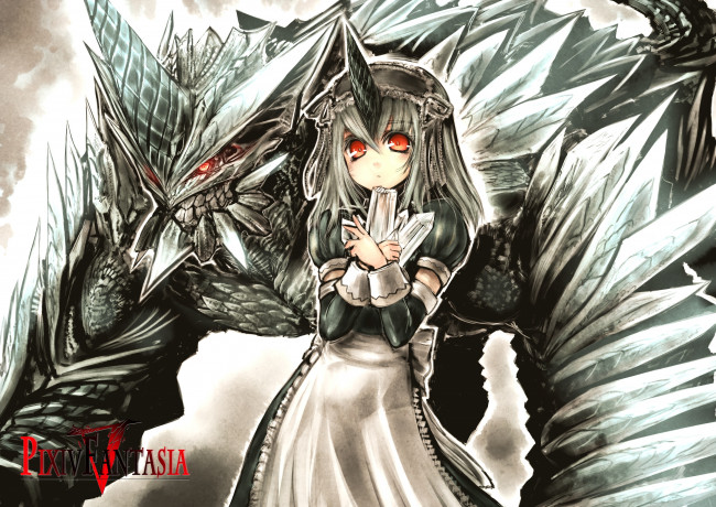 Обои картинки фото аниме, pixiv fantasia, девушка, kotoba, noriaki, pixiv, fantasia, арт, дракон, кристаллы