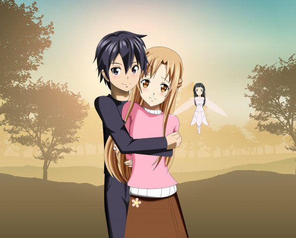 Обои картинки фото аниме, sword art online, парень, фон, девушка, взгляд