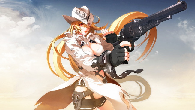 Обои картинки фото ugetsu hakua, аниме, ugetsu hakua , artbook, пистолет, оружие, девушка