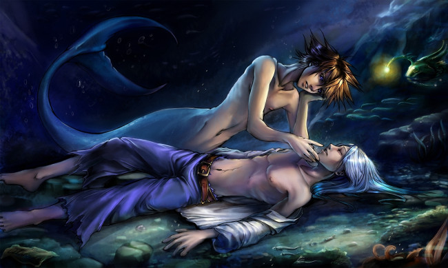 Обои картинки фото аниме, животные,  существа, арт, фентези, русал, парень