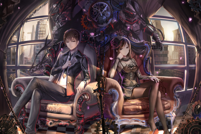 Обои картинки фото аниме, unknown,  другое, девушка, парень, фон, взгляд