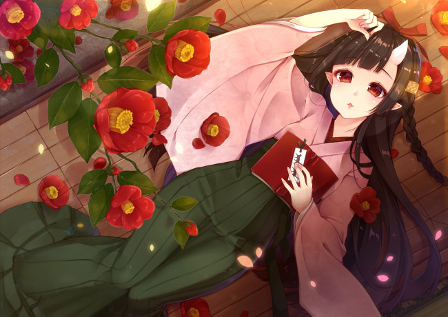Обои картинки фото аниме, животные,  существа, sherypton, цветы, камелии, девочка, демон
