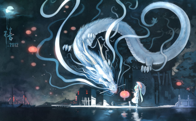 Обои картинки фото аниме, vocaloid, кошка, hatsune, miku, арт, пристань, зонт, yuushouku, город, луна, дракон, ночь, фонарь