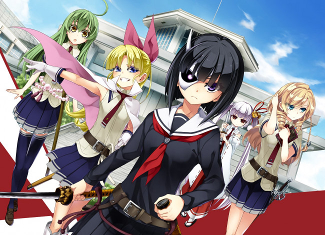 Обои картинки фото аниме, busou shoujo machiavellianism, seifuku, busou, shoujo, machiavellianism, armed, girl's, machiavellism, katana, ken, sword, mask, girl, blade, miko, anime