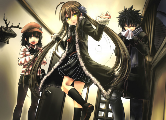 Обои картинки фото аниме, unknown,  другое, дверь, голова, платок, парень, девочки