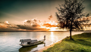 Картинка корабли лодки +шлюпки закат лодка река