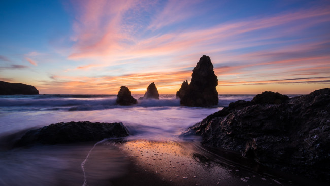 Обои картинки фото природа, побережье, туман, вечер, скалы