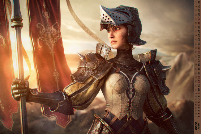Обои картинки фото календари, фэнтези, доспехи, взгляд, девушка