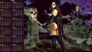 Картинка календари 3д-графика девушка оружие череп