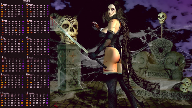 Обои картинки фото календари, 3д-графика, девушка, оружие, череп