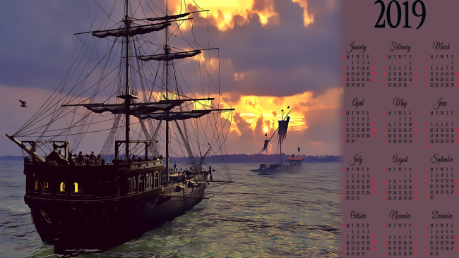 Обои картинки фото календари, 3д-графика, водоем, парусник