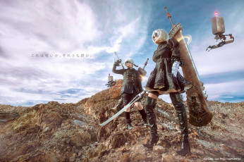 Картинка разное маски +карнавальные+костюмы 2в девушка андроиды парень 9s роботы оружие скала