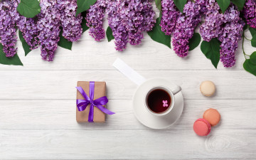 Картинка еда кофе +кофейные+зёрна цветы flowers сирень romantic coffee cup spring purple macarons lilac чашка макаруны