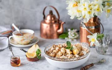 Картинка еда мюсли +хлопья цветы букет мед груша натюрморт десерт запеченная