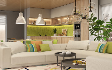 Картинка интерьер кухня мебель люстра гостиная