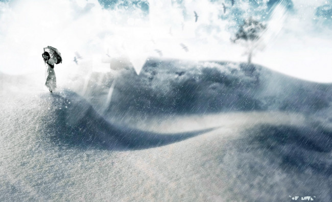 Обои картинки фото разное, компьютерный дизайн, девушка, зонт, снег, дождь