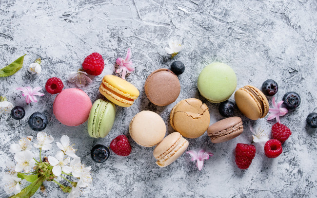 Обои картинки фото еда, макаруны, ягоды, colorful, flowers, fruit, berries, macaroons, macaron