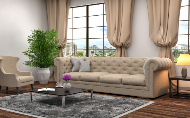 Обои картинки фото интерьер, гостиная, цветок, диван, окно, ваза, шторы