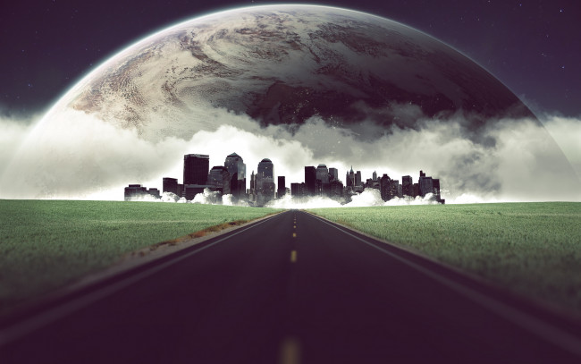 Обои картинки фото разное, компьютерный дизайн, планета, облака, город, дорога, поля