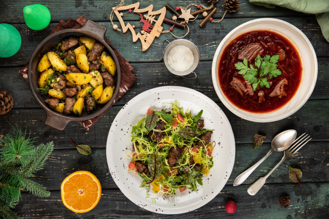 Обои картинки фото еда, разное, щи, картофель, салат