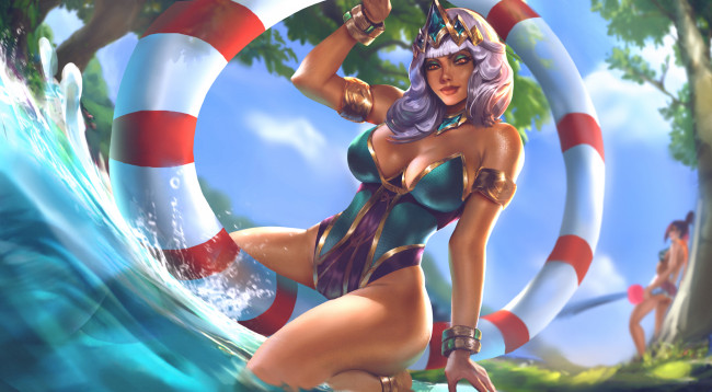 Обои картинки фото видео игры, league of legends, девушка, фон, взгляд, круг, униформа, диадема, вода, qiyana