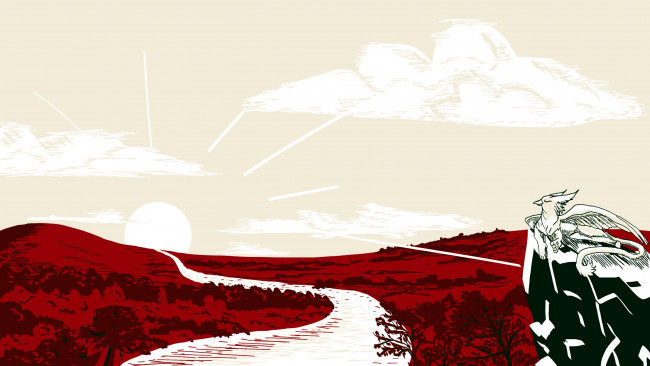 Обои картинки фото рисованное, животные,  сказочные,  мифические, река, скала, зверь