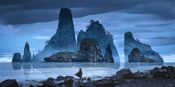 Картинка рисованное природа человек шляпа скалы море берег