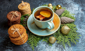 Картинка еда напитки +чай печенье чай лимон корица