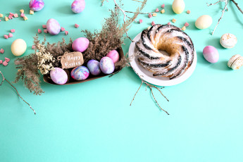 обоя праздничные, пасха, яйца, маршмеллоу, кекс, травы