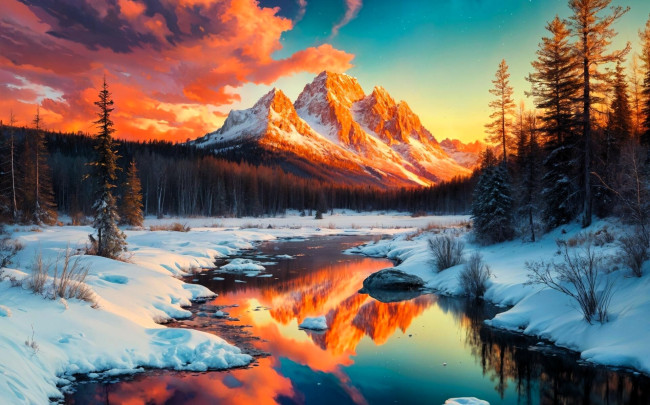 Обои картинки фото рисованное, праздники, горы, лес, снег, зима, речка