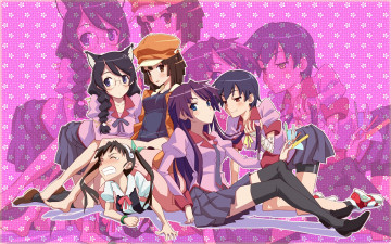 Картинка аниме bakemonogatari nisemonogatari senjougahara+hitagi девушка форма инструменты kanbaru+suruga бинт шорты hachikuji+mayoi портфель бант hanekawa+tsubasa ушки очки косички sengoku+nadeko шляпа пиджак купальник кошка