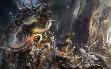 Картинка фэнтези красавицы чудовища битва скалы схватка чудовище нежить лошадь конь всадница воительница девушка