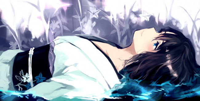 Обои картинки фото аниме, *unknown, другое, девушка, вода, цветы, кимоно