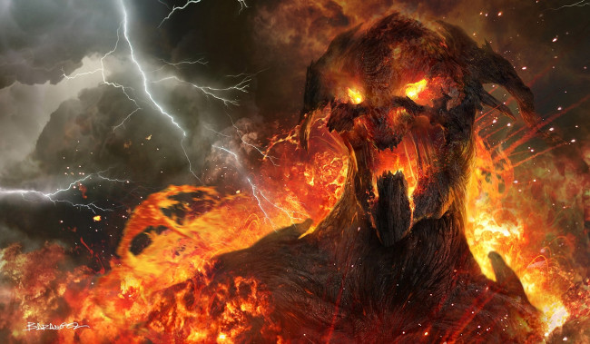 Обои картинки фото фэнтези, демоны, титан, молния, огонь, пламя, магия