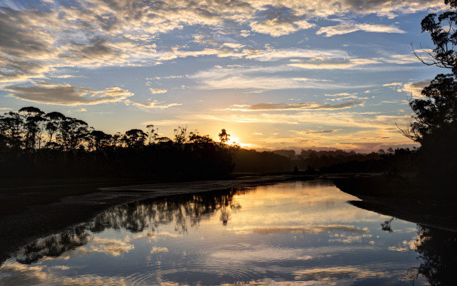 Обои картинки фото природа, реки, озера, закат, река, лес