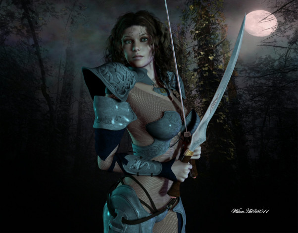 Обои картинки фото 3д, графика, amazon, амазонки, девушка, мечи, луна