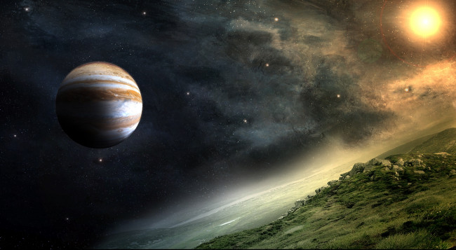 Обои картинки фото космос, арт, солнце, облака, планета