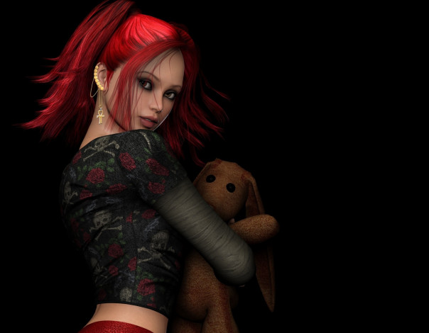 Обои картинки фото 3д графика, people , люди, серьги, пирсинг, красные, волосы, игрушка, девушка, темный, фон