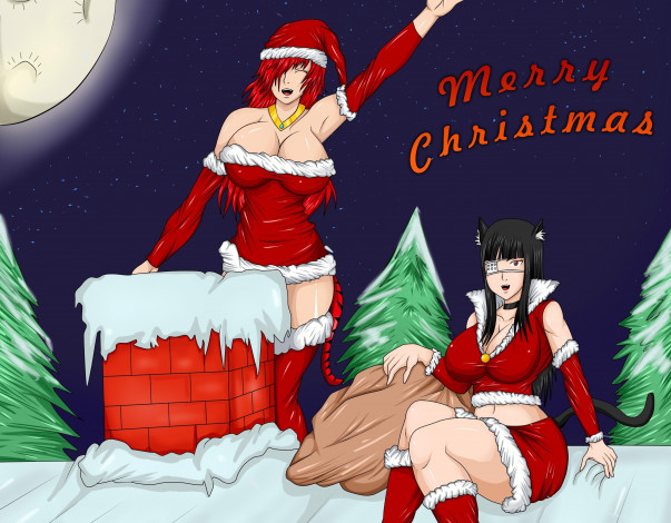 Обои картинки фото разное, арты, снегурочки, снег, фон, взгляд, луна, елки, девушки