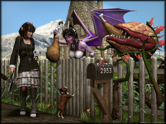 Обои картинки фото 3д графика, эльфы , elves, щенок, дракон, фон, взгляд, эльфийки