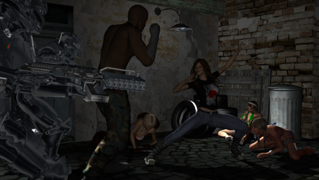 Обои картинки фото 3д графика, фантазия , fantasy, взгляд, девушка, роботы, мужчина, поза, фон