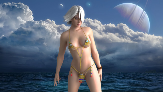 Обои картинки фото 3д графика, люди , people, планеты, взгляд, фон, облака, девушка