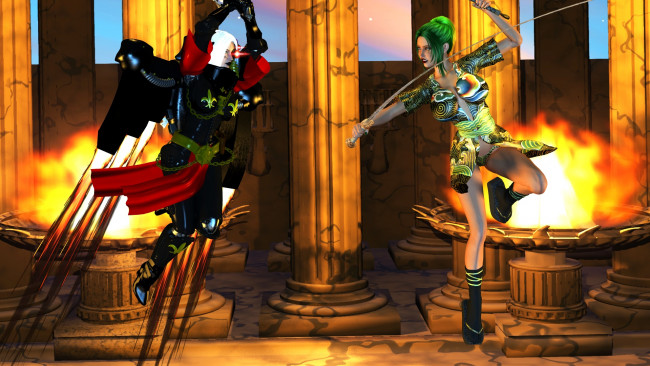 Обои картинки фото видео игры, dark heresy, оружие, киборг, фон, взгляд, девушка, колоны, драка, огонь