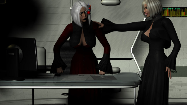 Обои картинки фото видео игры, dark heresy, взгляд, девушка, стол, киборг, фон