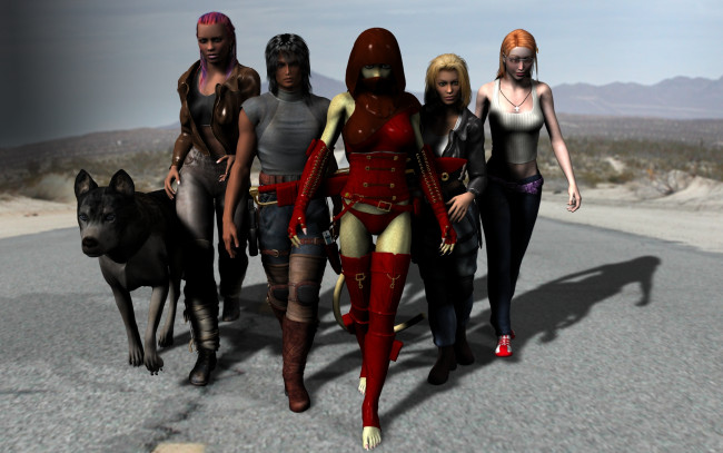 Обои картинки фото 3д графика, люди , people, собака, фон, девушки, взгляд