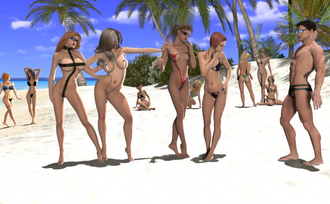 Обои картинки фото 3д графика, люди , people, пляж, фон, взгляд, девушки